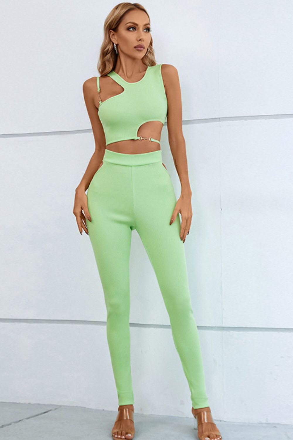 Asymmetrical Ribbed Cutout Tank and Pants Set Trendsi