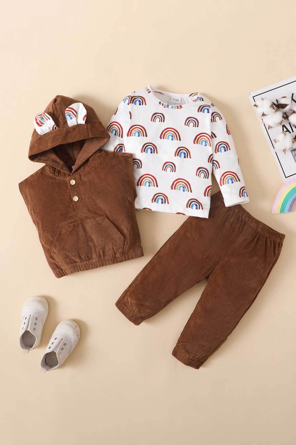 Baby Boy Rainbow Top, Hooded Vest, and Joggers Set Trendsi