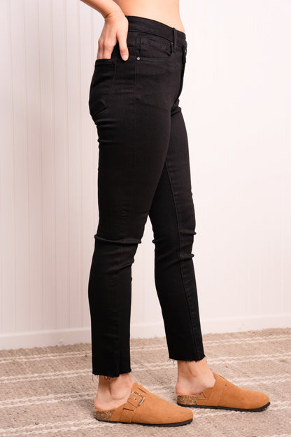 Asymmetrical Waist Raw Hem Jeans in Solid Black Trendsi