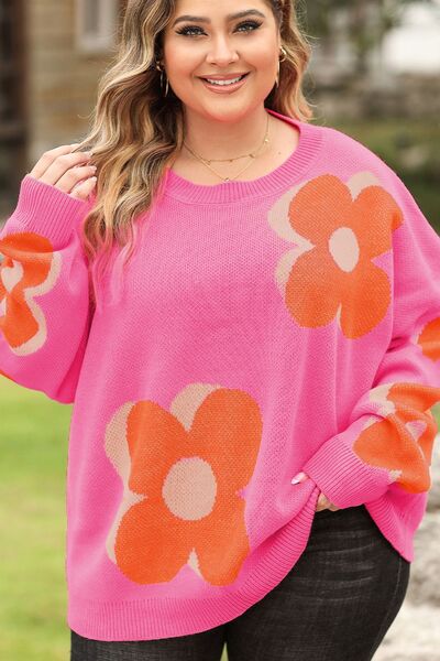 Plus+ Flower Graphic Round Neck Dropped Shoulder Sweater