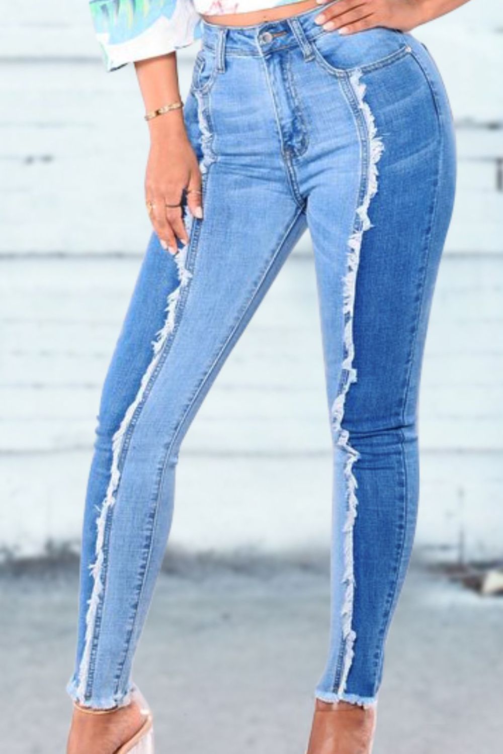 Two-Tone Fringe Trim Jeans Trendsi