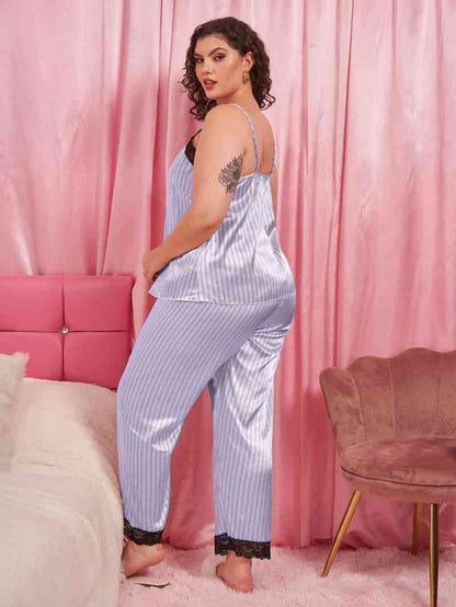 Plus+ Vertical Stripe Lace Trim Cami and Pants Pajama Set