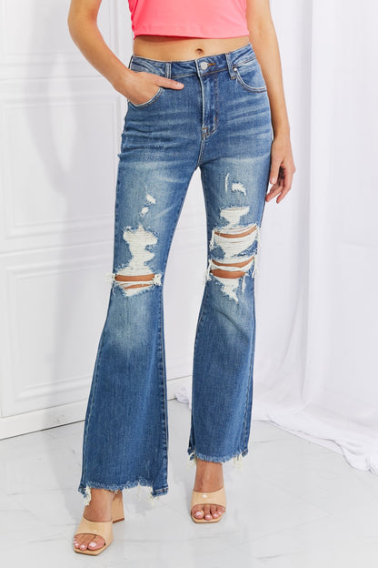 Hazel High Rise Distressed Flare Jeans Trendsi