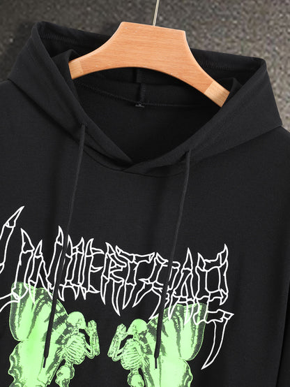 Men's UNDER TRAP Skeleton Graphic Drawstring Detail Hoodie Trendsi