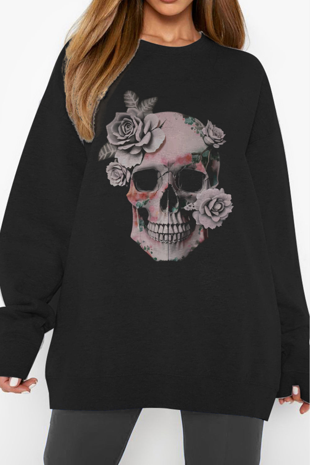 Simply Love Dropped Shoulder SKULL Graphic Sweatshirt