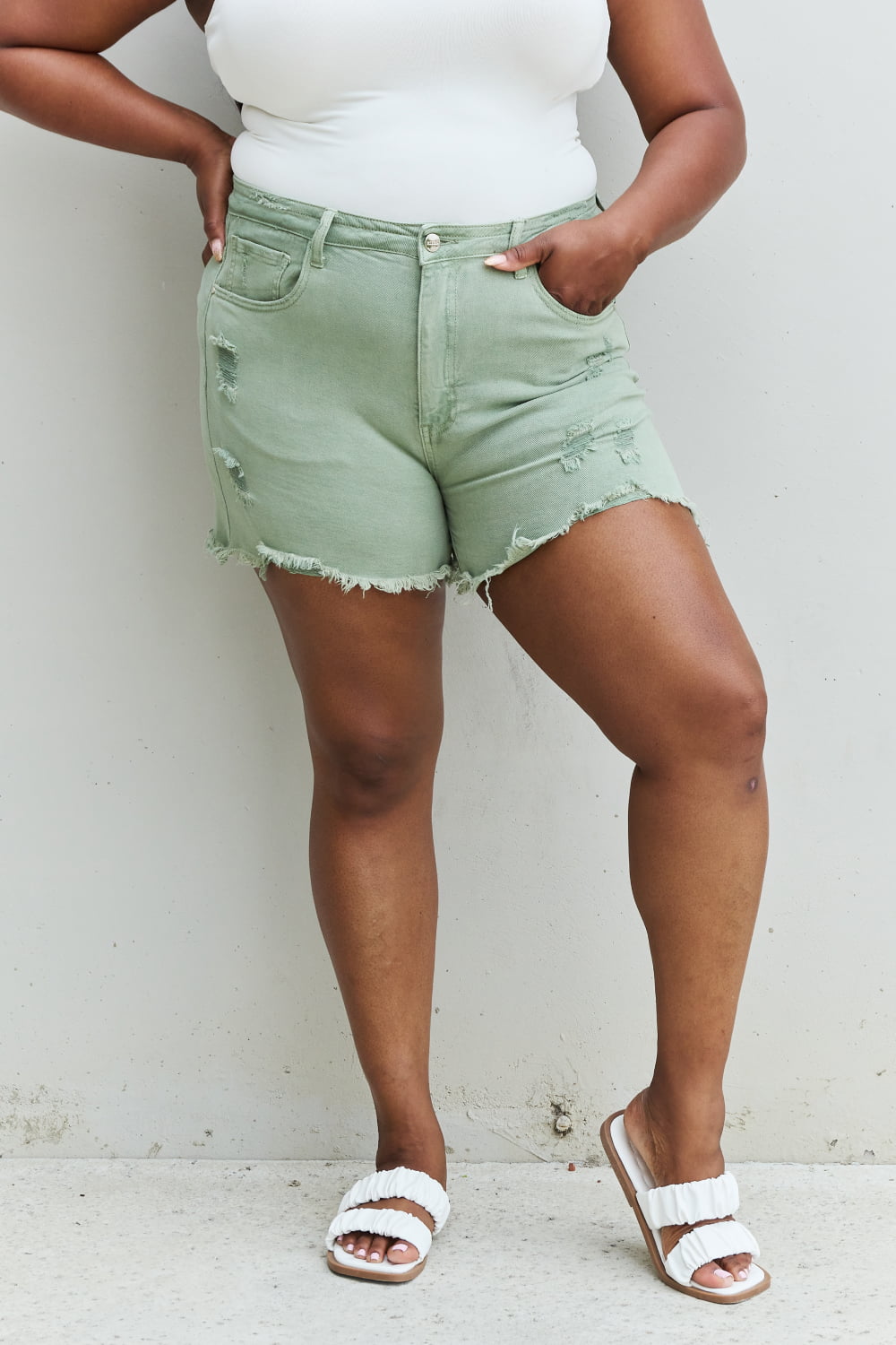 RISEN Katie  High Waisted Distressed Shorts in Gum Leaf