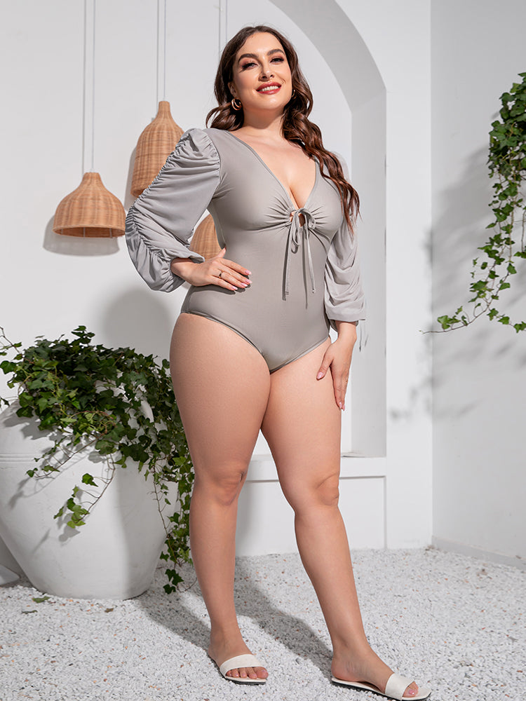 Gem Pus+ Tied Deep V Balloon Sleeve One-Piece Swimsuit Trendsi