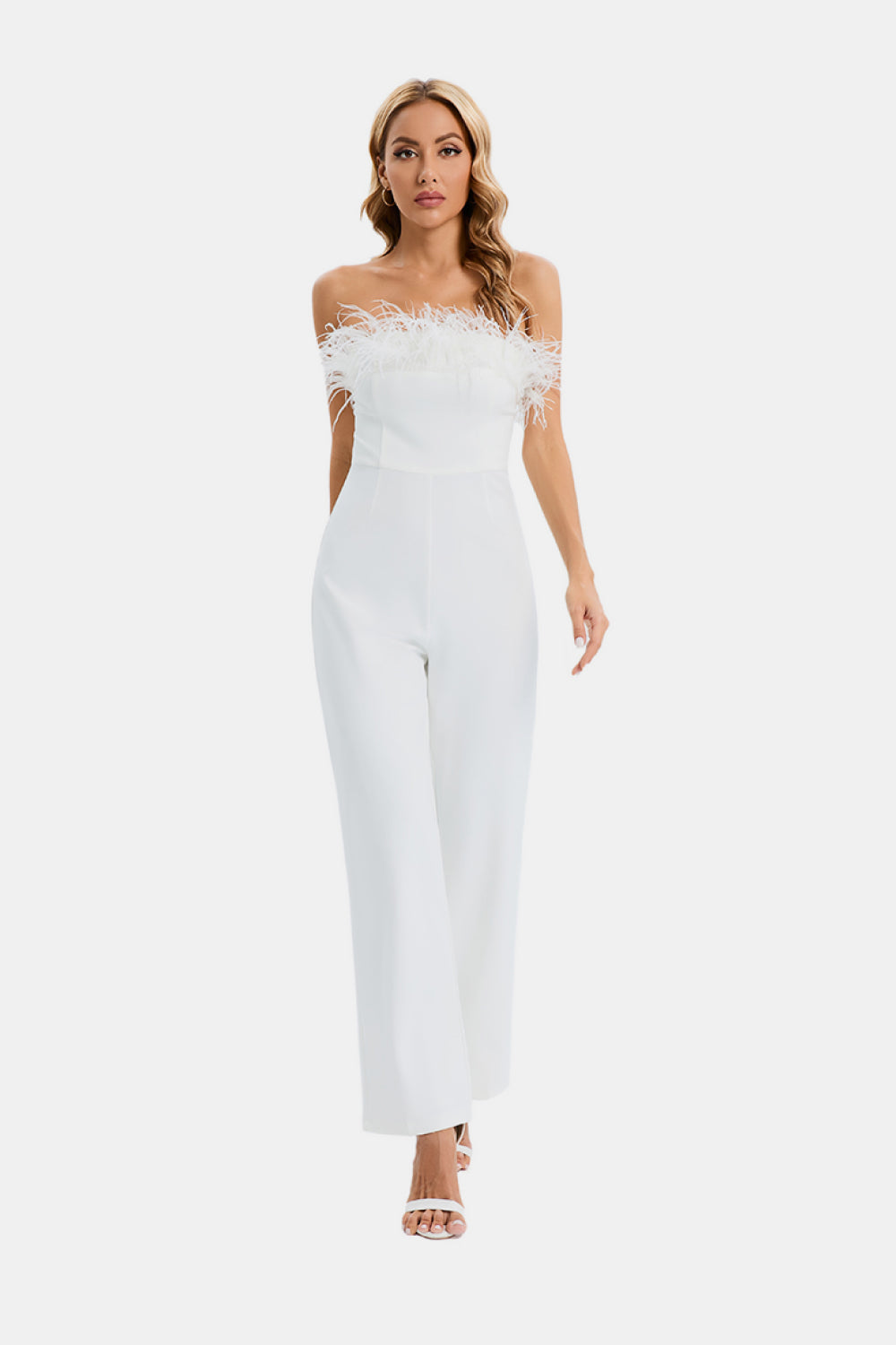 Feather Detail Strapless Jumpsuit Trendsi