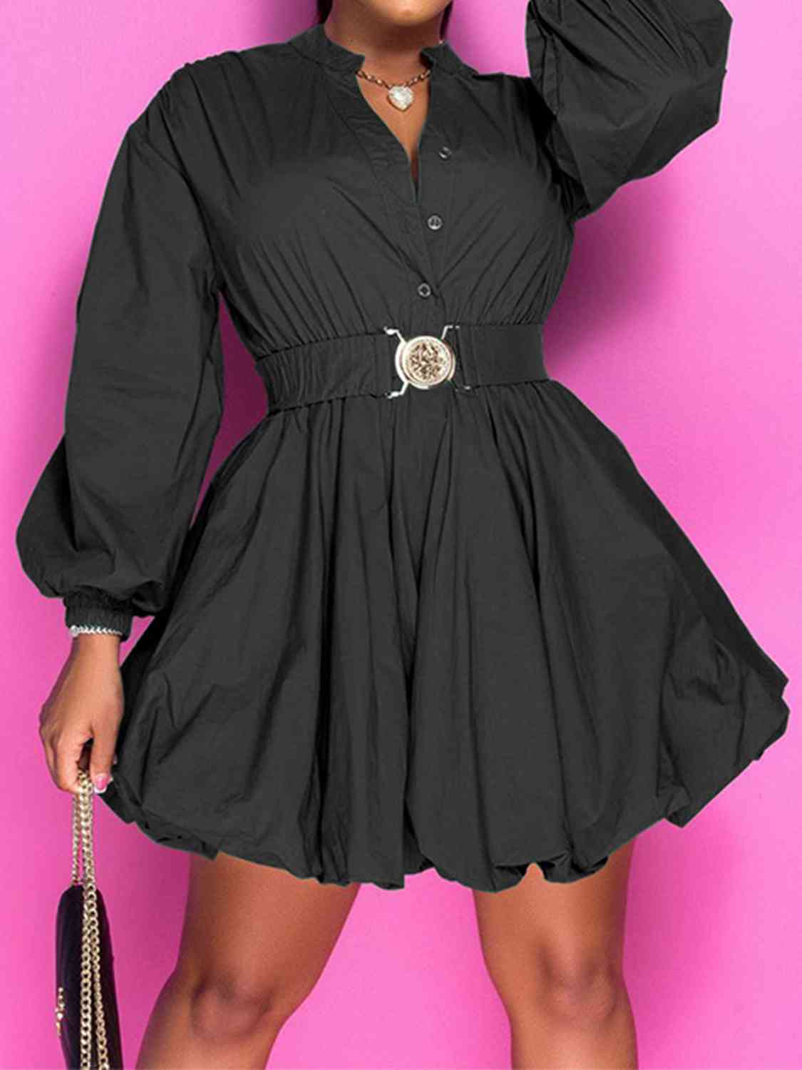 Notched Button Up Balloon Sleeve Dress