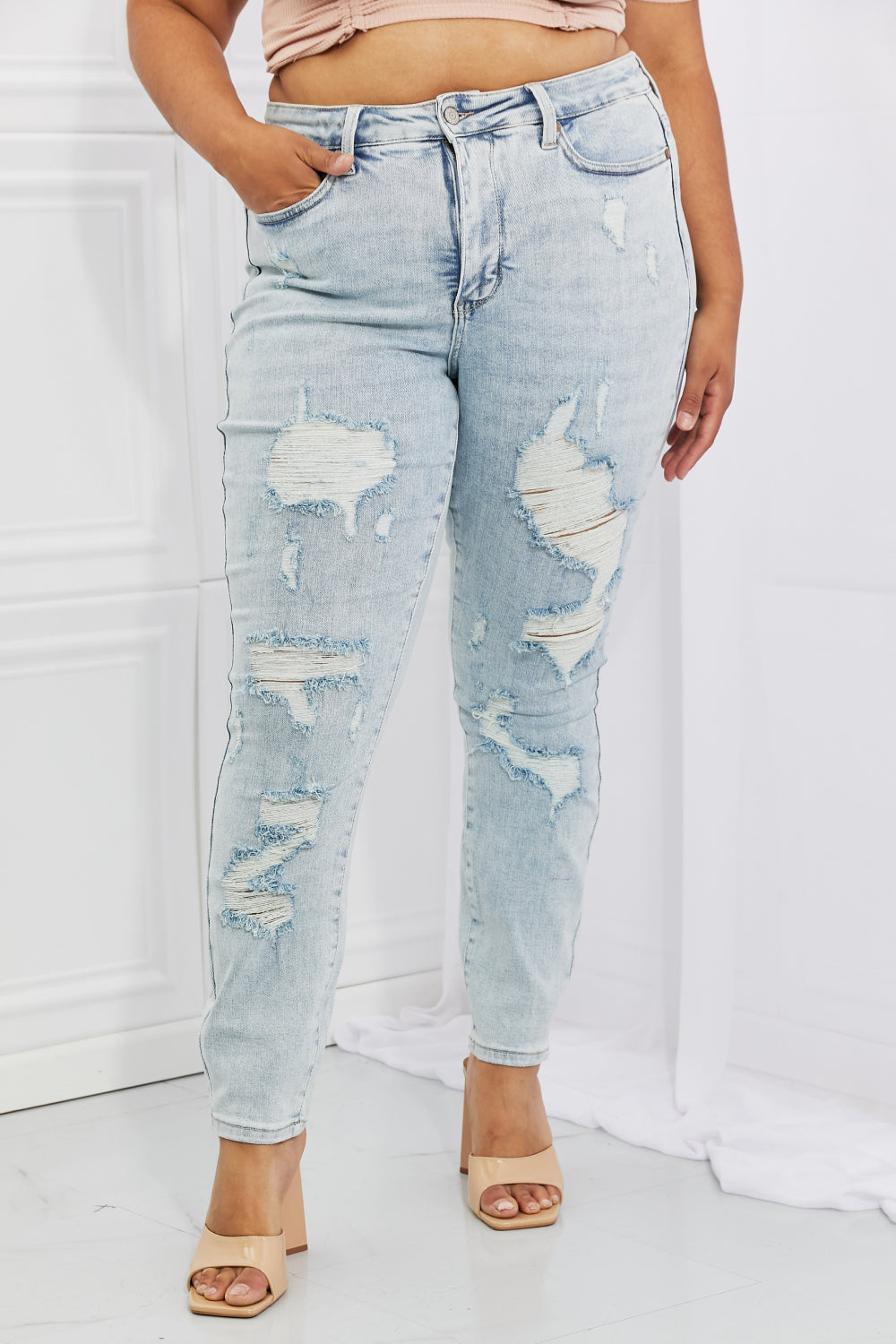 Tiana High Waisted Distressed Skinny Jeans Trendsi