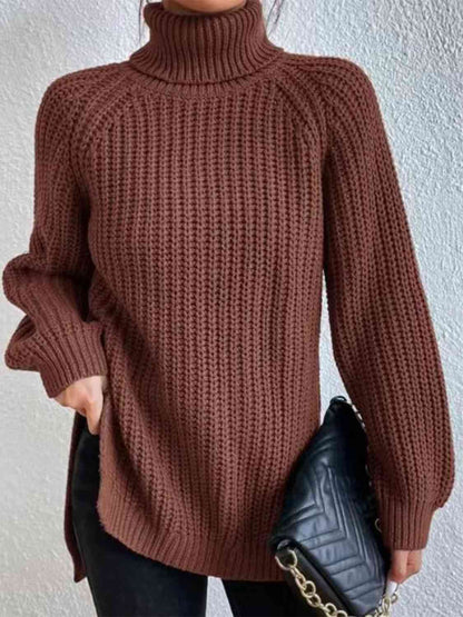 Turtleneck Rib-Knit Slit Sweater