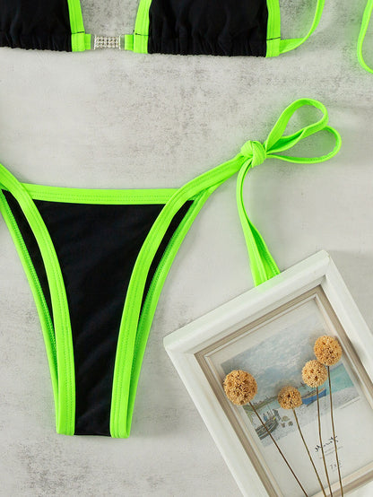 Contrast Trim Tied Halter Neck Bikini Set Trendsi