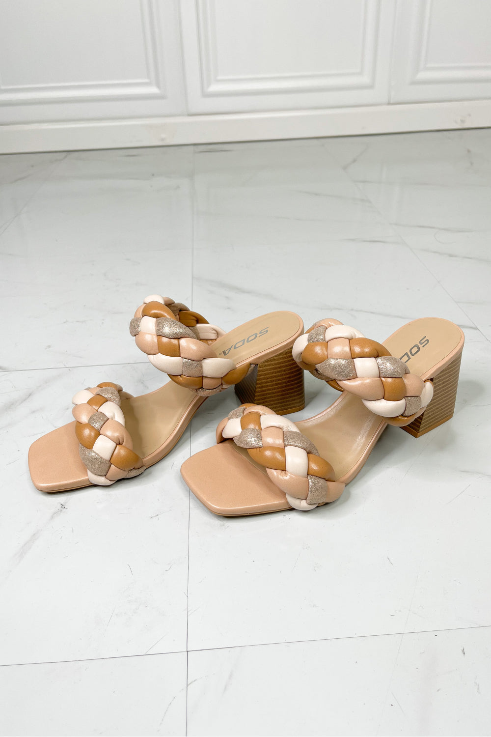 Interwoven Ideas Braided Strap Block Heel Slide Sandal in Nude Trendsi