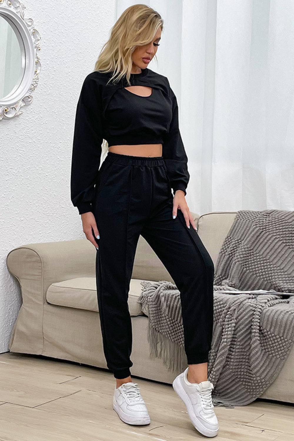 Cut Out Crop Top and Joggers Set Trendsi