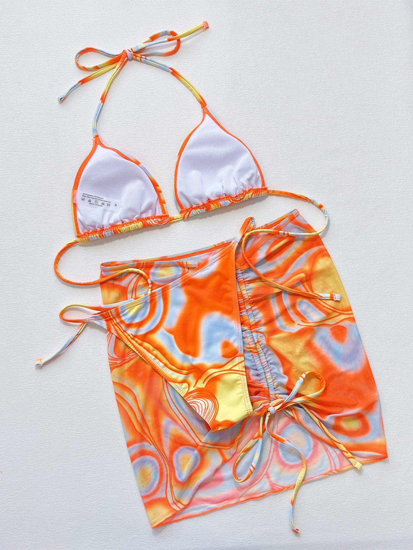 Multicolored Drawstring Ruched Three-Piece Swim Set Trendsi