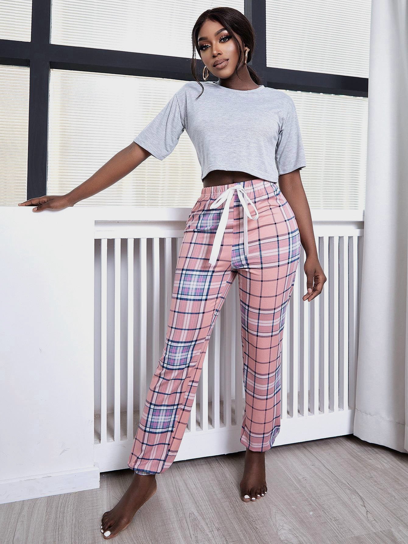 Cropped Tee and Plaid Joggers Lounge Set Trendsi