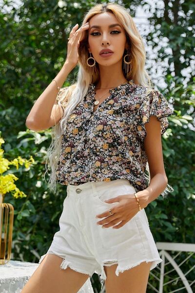 Floral Notched Flutter Sleeve Top