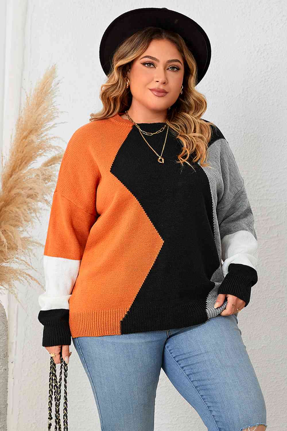 Plus+ Color Block Round Neck Knit Top