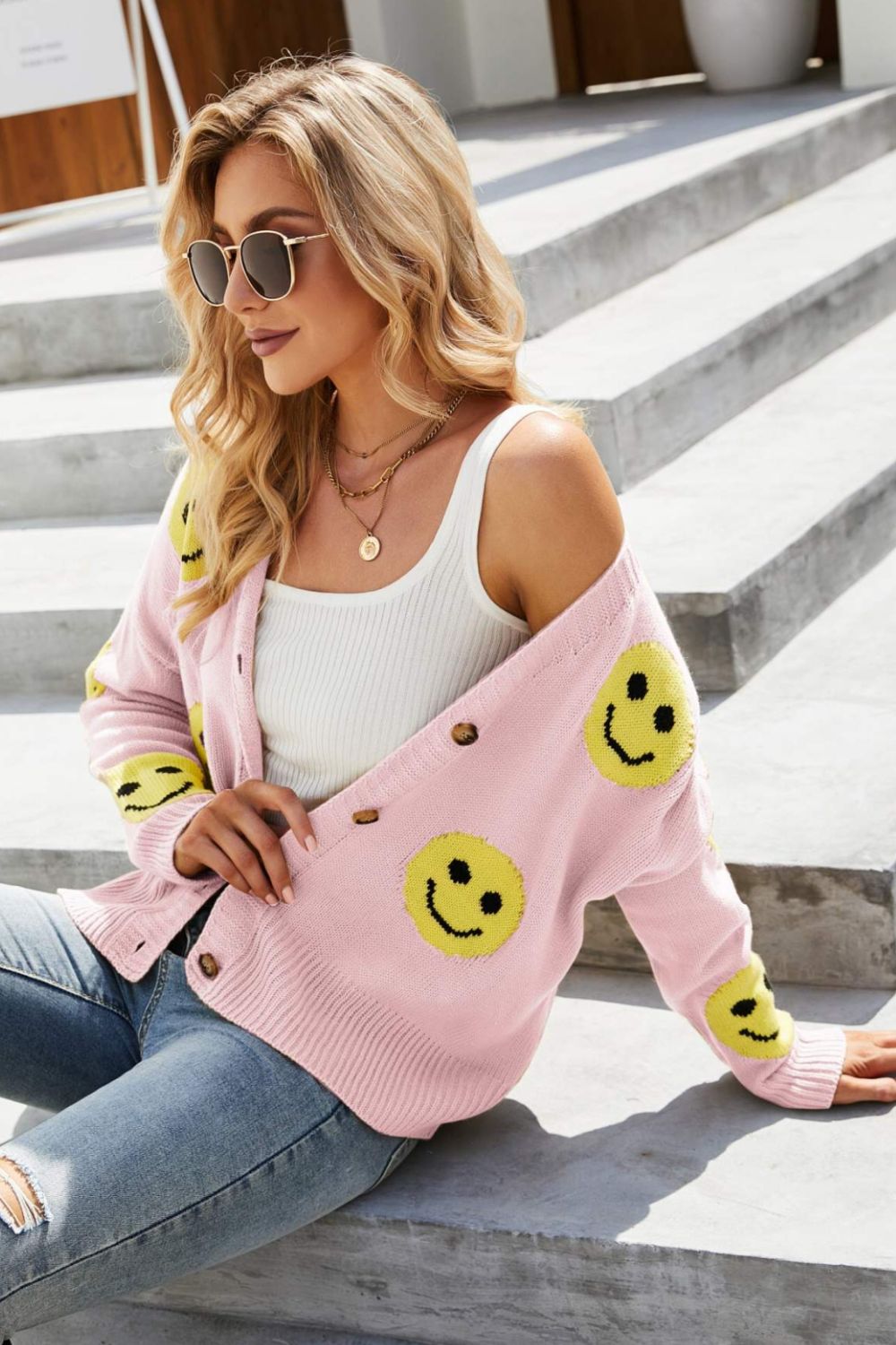 Smiley Face Ribbed Trim V-Neck Cardigan Trendsi