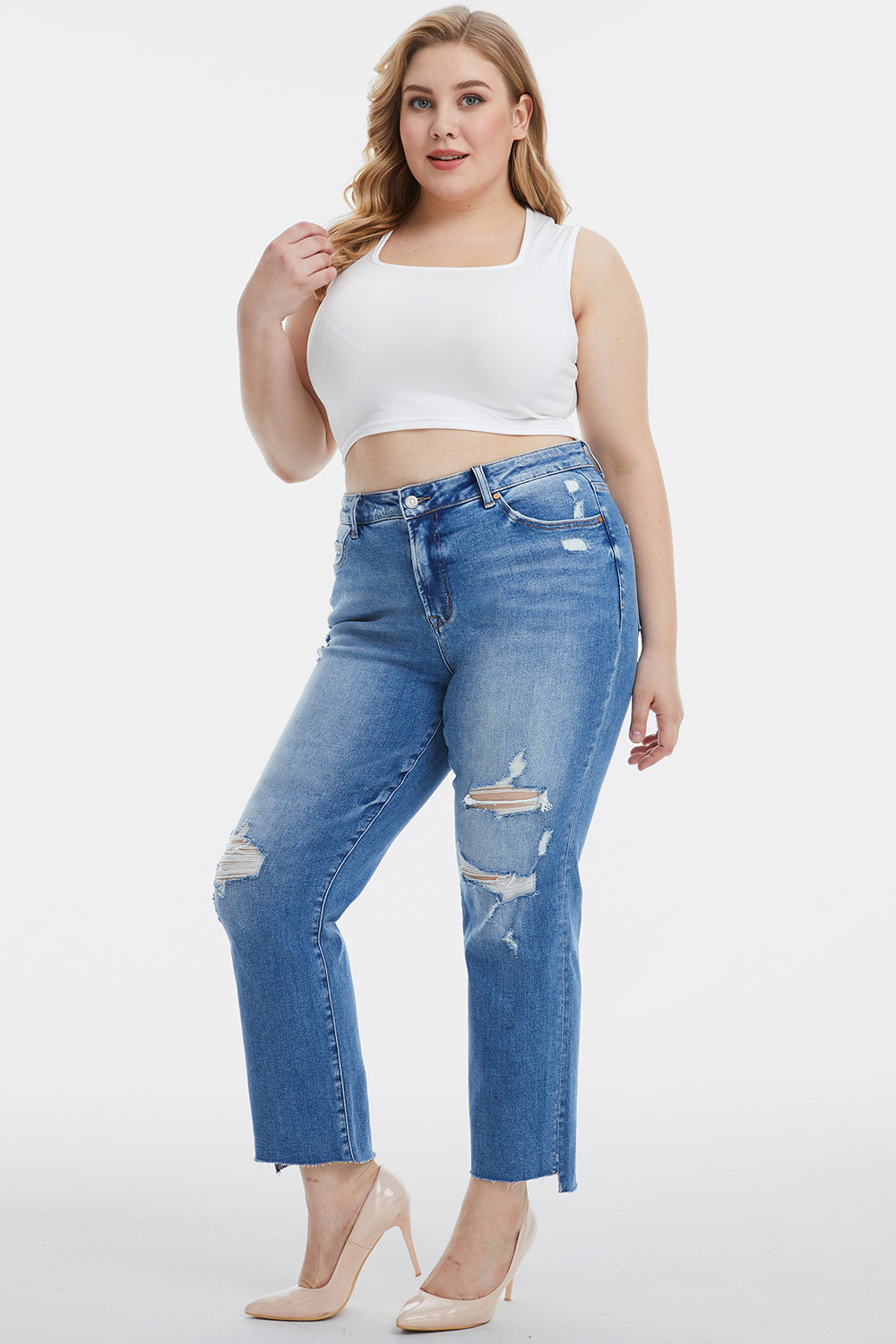 BAYEAS Mid Waist Distressed Ripped Straight Jeans