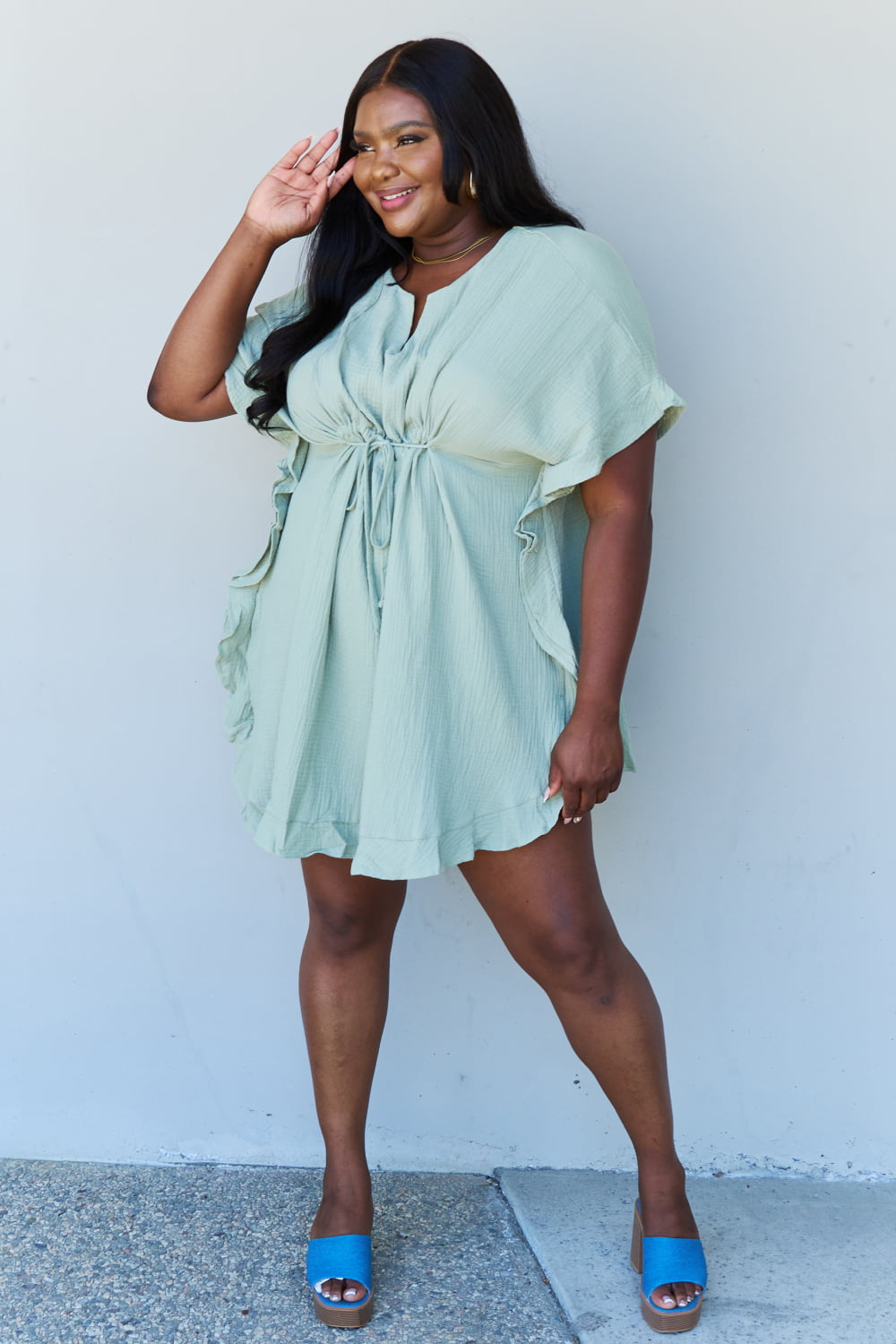 Ninexis Out Of Time Ruffle Hem Dress with Drawstring Waistband - Light Sage