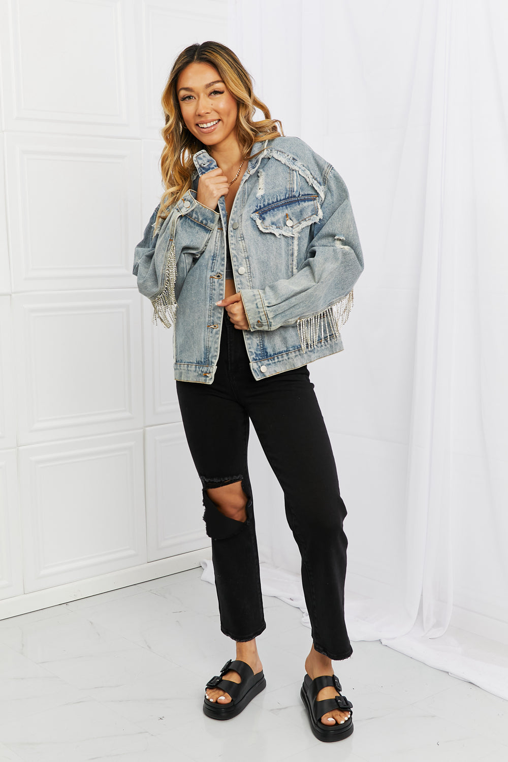 Time To Shine Twill Denim Fringe Jacket Trendsi