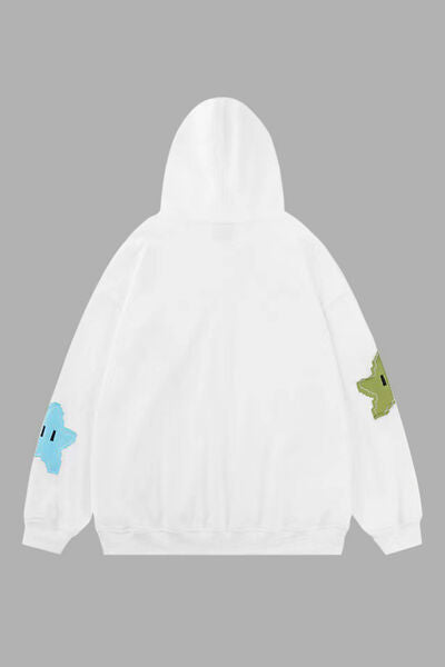 Star Drawstring Zip Up Dropped Shoulder Hoodie