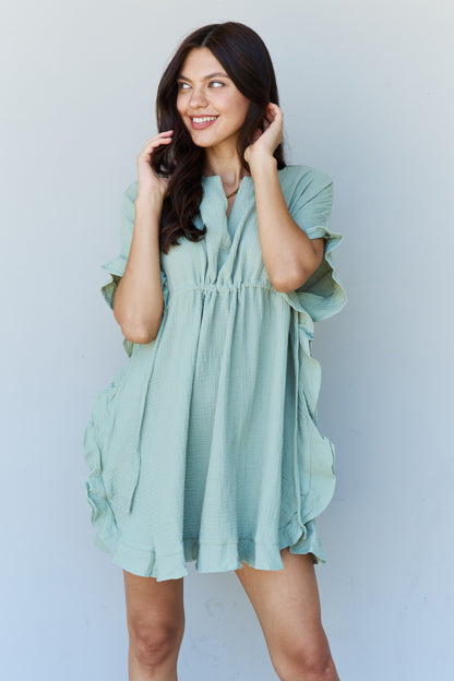 Ninexis Out Of Time Ruffle Hem Dress with Drawstring Waistband - Light Sage