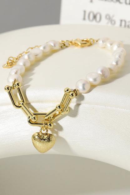 14K Gold Plated Heart Charm Pearl Bracelet Trendsi