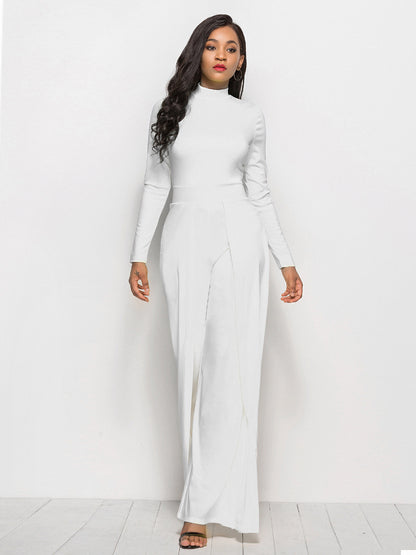 Long Sleeve Mock Neck Wide Leg Jumpsuit Trendsi