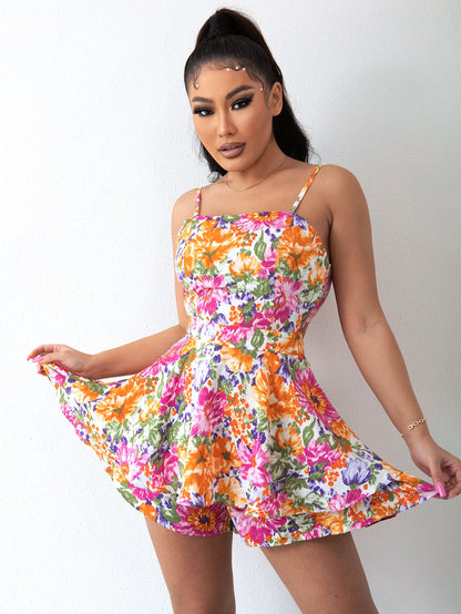 Floral Tie Back Layered Hem Romper Trendsi