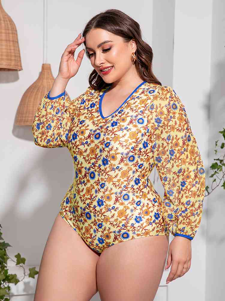 Plus+ Floral Open Back Long Sleeve One-Piece Swimsuit