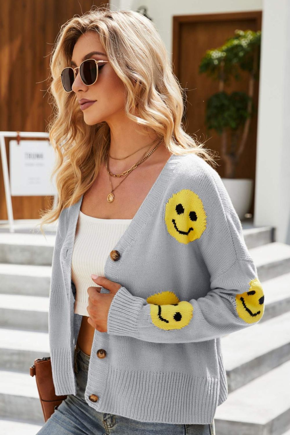 Smiley Face Ribbed Trim V-Neck Cardigan Trendsi