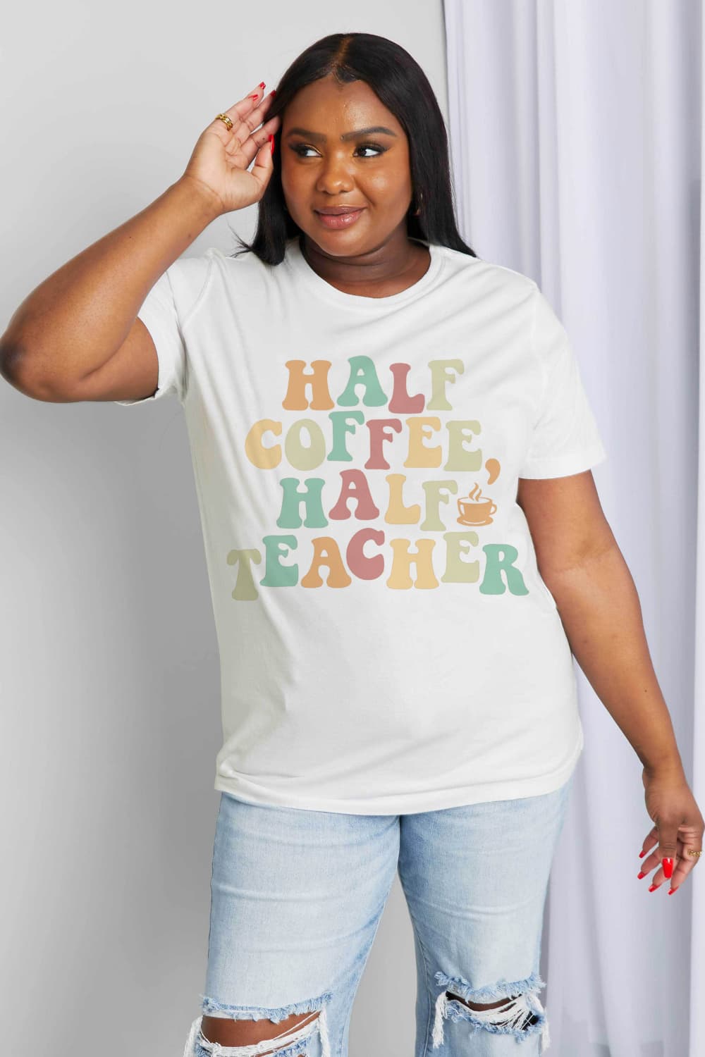 Simply Love HALF COFFEE HALF TEACHER Graphic Cotton Tee