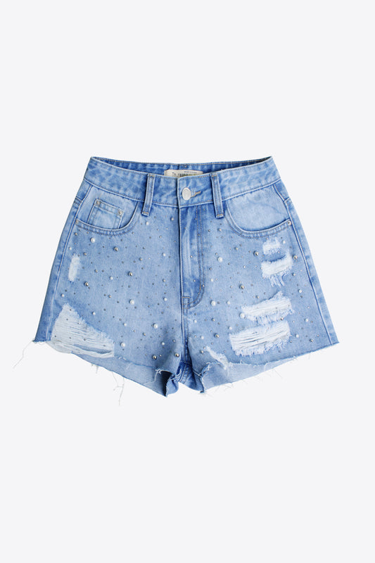 Distressed Bead Denim Shorts Trendsi