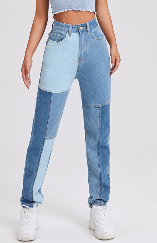 High Waist Colorblock Design Straight Leg Jeans kakaclo