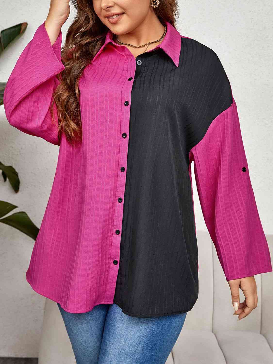 Contrast Color Roll-Tap Sleeve Shirt