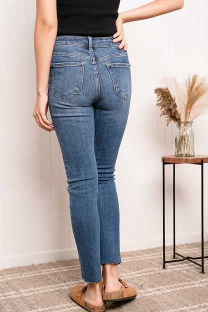 Asymmetrical Waist Raw Hem Jeans in Dark Trendsi