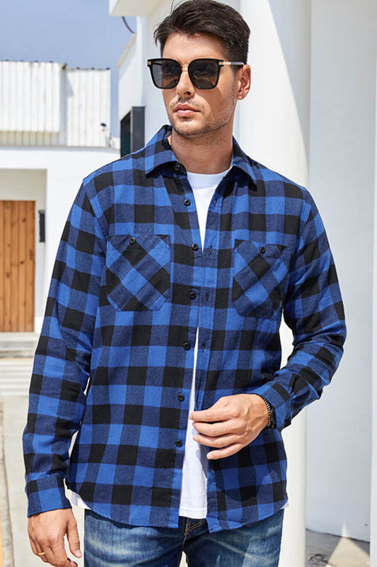 Men's Plaid Button Front Long Sleeve Shirt with Breast Pockets Trendsi