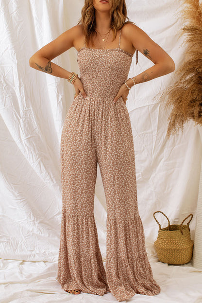 Floral Spaghetti Strap Smocked Wide Leg Jumpsuit Trendsi