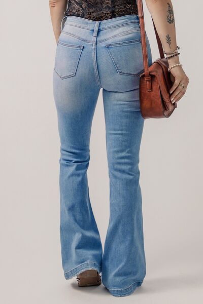 Button-Fly Distressed Flare Jeans