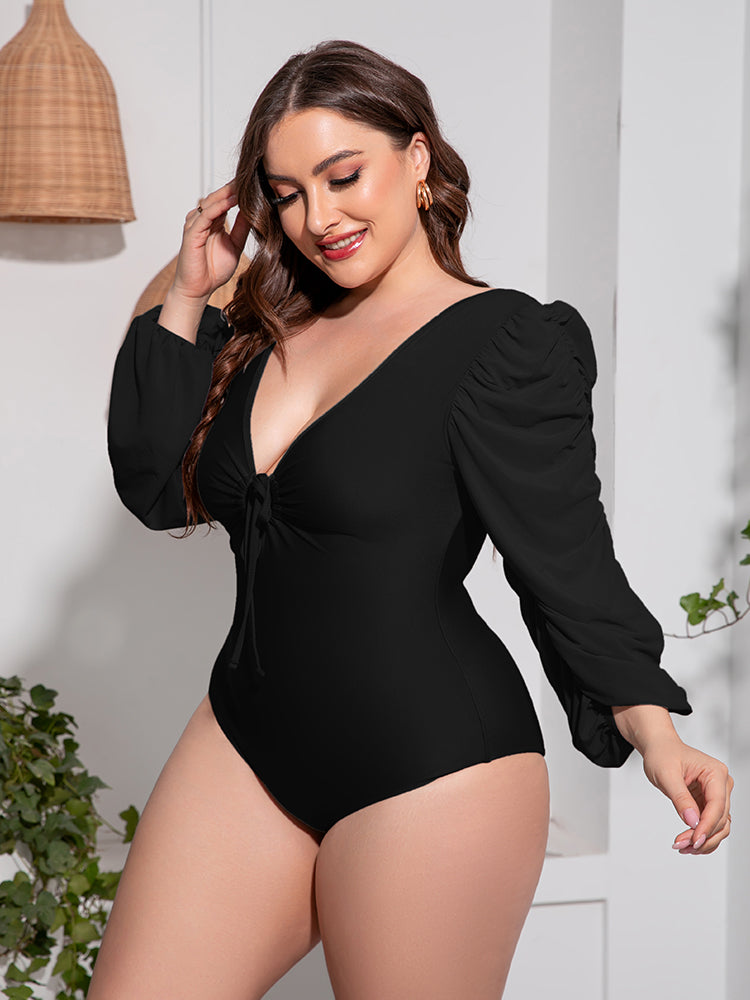 Gem Pus+ Tied Deep V Balloon Sleeve One-Piece Swimsuit Trendsi