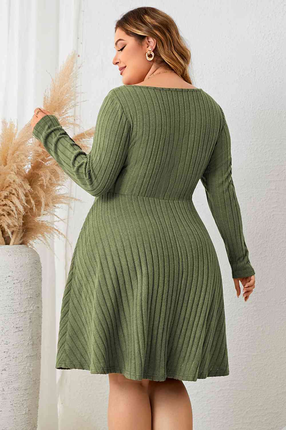 Plus+ Sweetheart Neck Long Sleeve Ribbed Dress