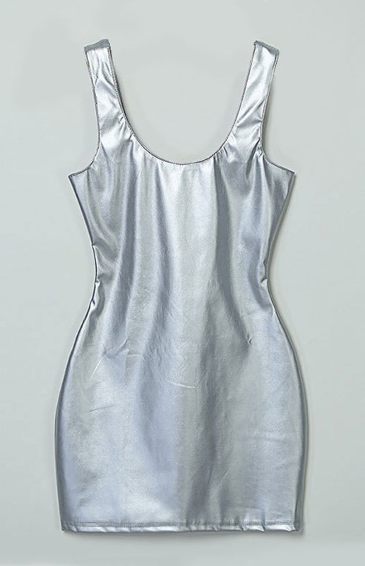 Tight-Fitting Sleeveless Sexy Pu Patent Leather Dress kakaclo