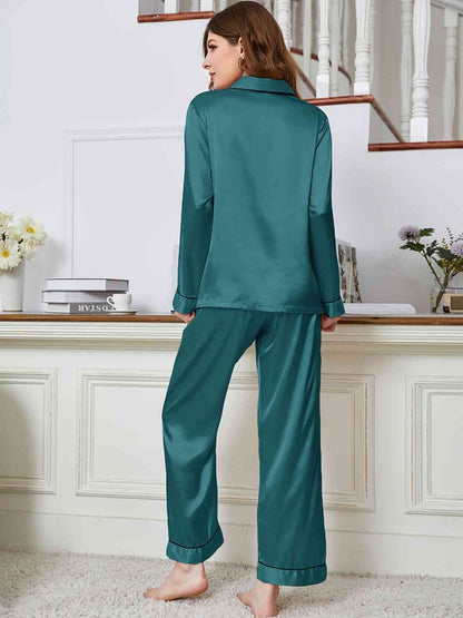 Lapel Collar Long Sleeve Top and Pants Pajama Set