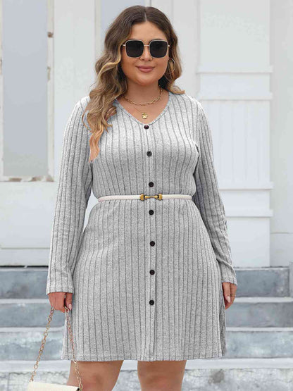 Plus+ Ribbed Buttoned V-Neck Long Sleeve Dress