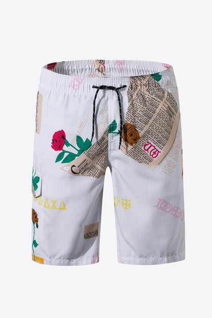 Men's Newspaper Print Drawstring Waist Swim Trunks Trendsi