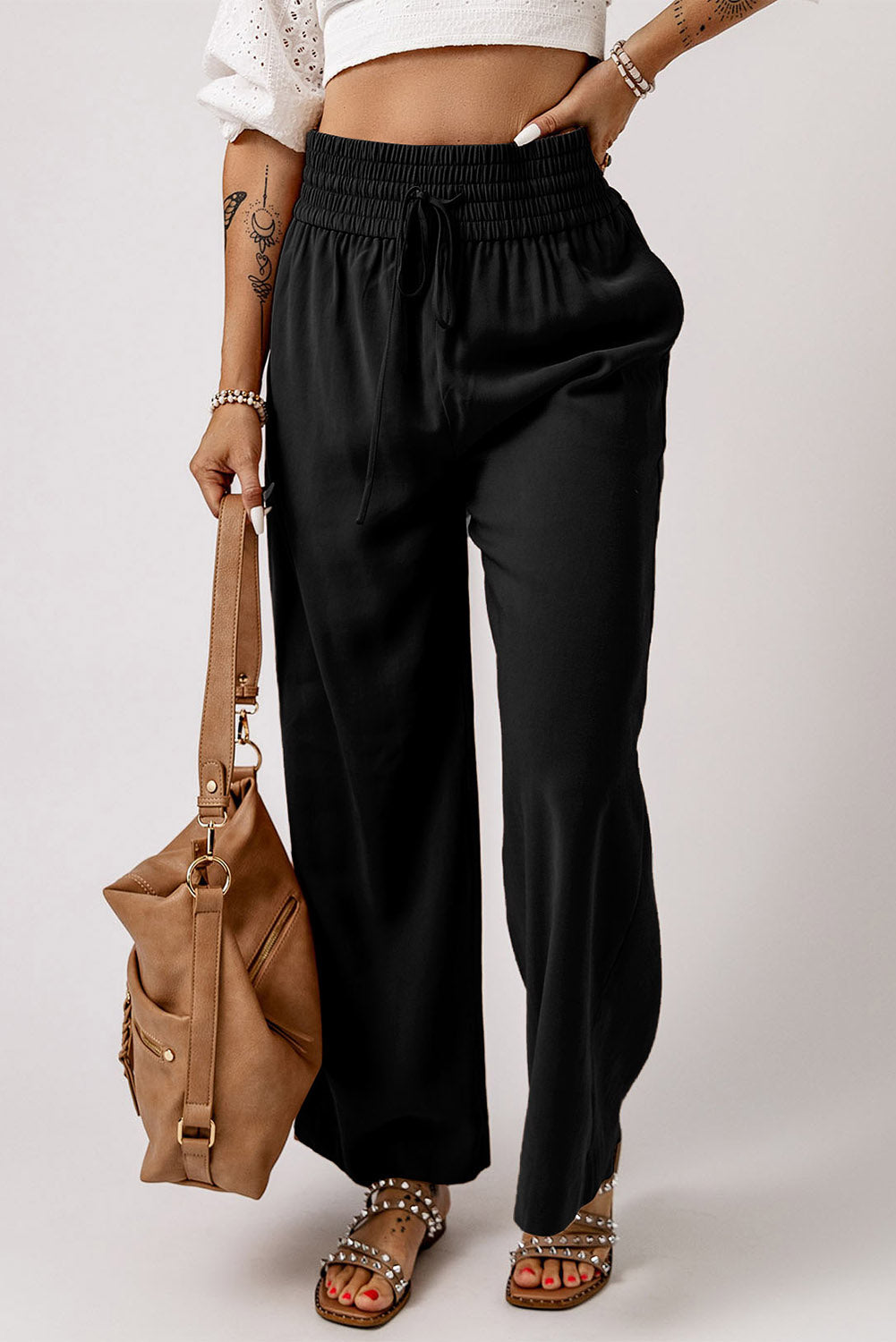 Drawstring Smocked Waist Wide Leg Pants Trendsi