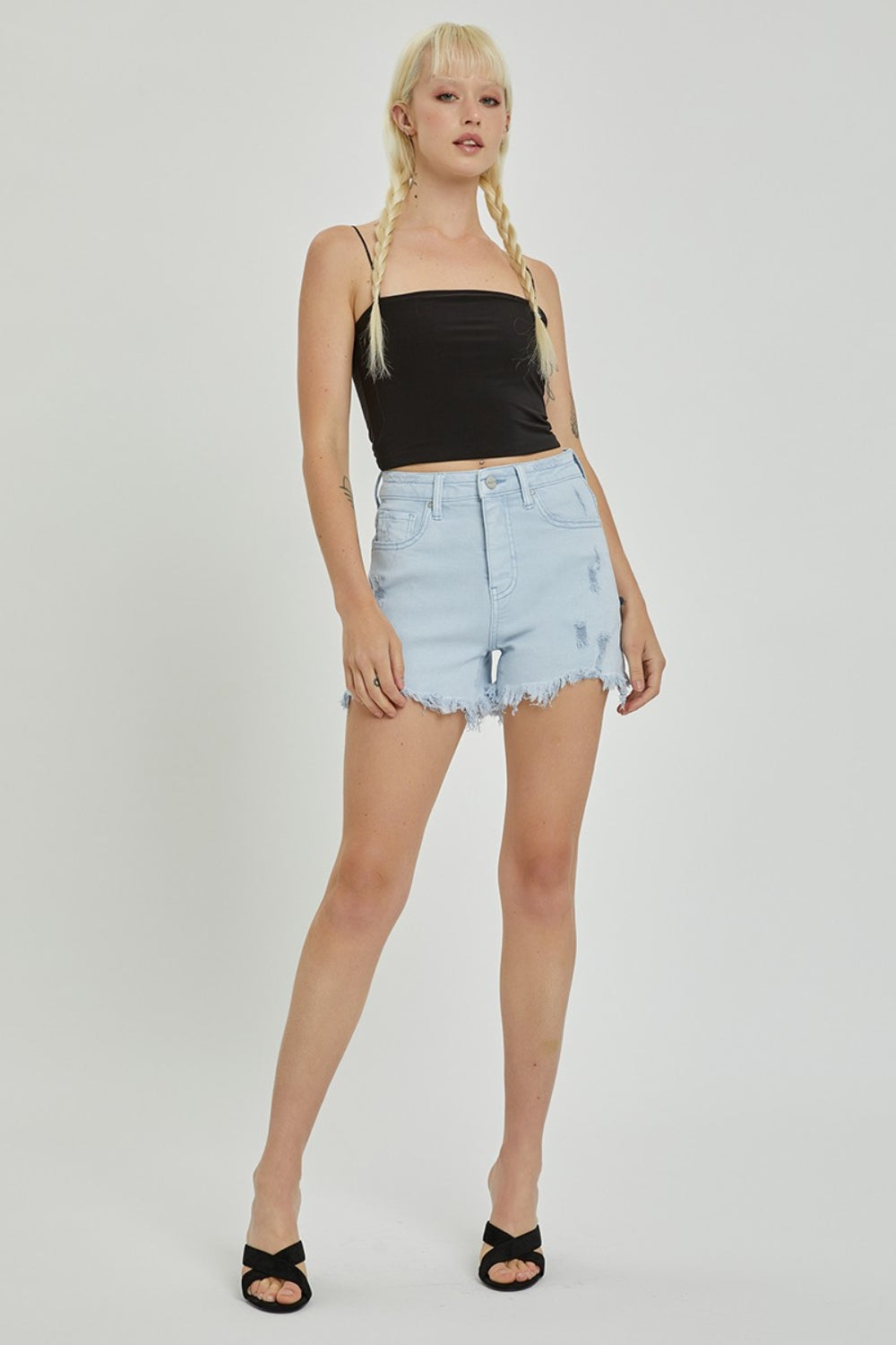 RISEN High Rise Distressed Detail Denim Shorts