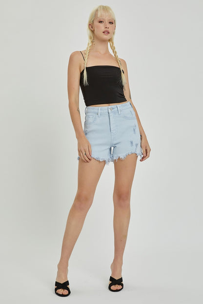 RISEN High Rise Distressed Detail Denim Shorts